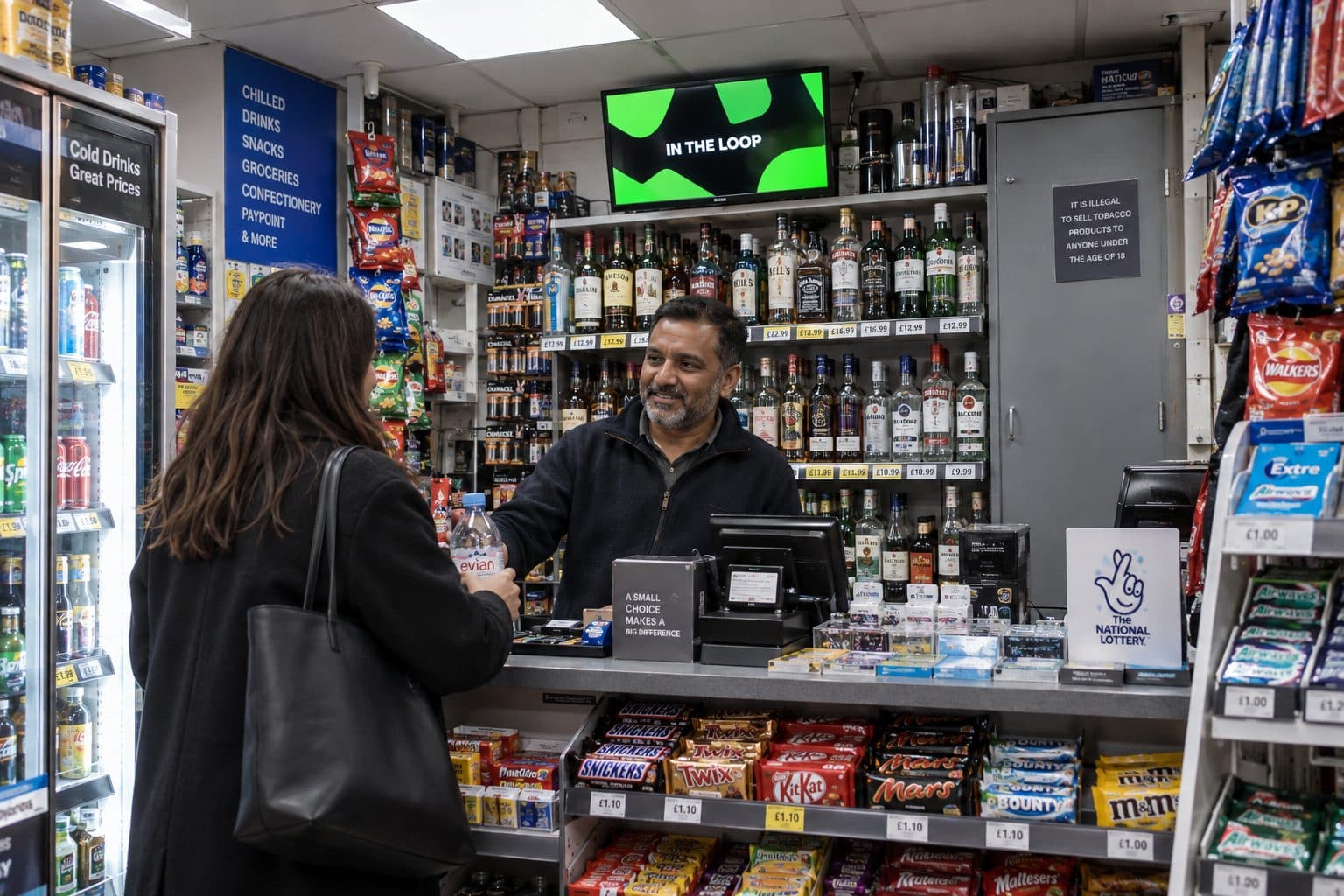 A StreetLoop display above the counter of a convenience store, with a customer being served