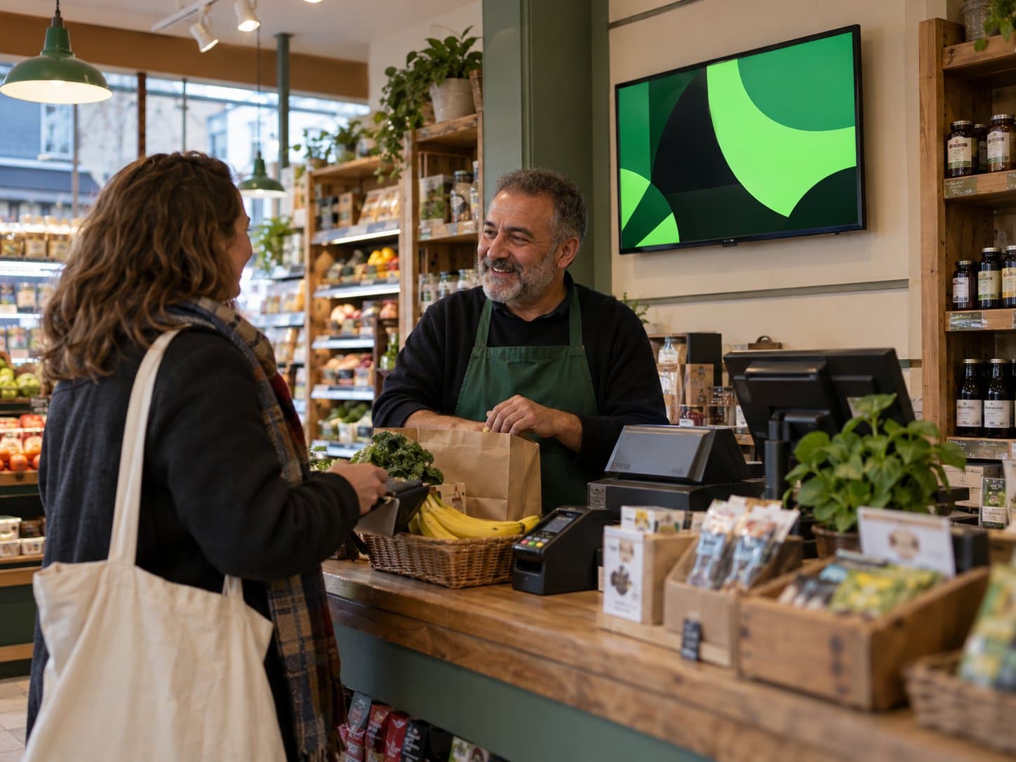 A StreetLoop display on the wall behind a shop counter, with a customer paying at the till
