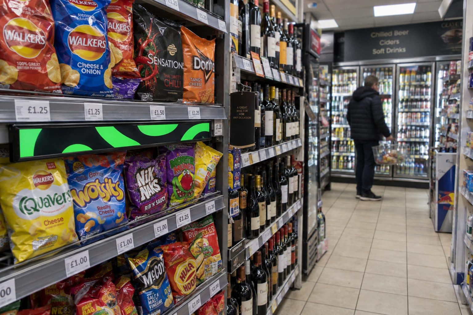 A slim StreetLoop display along a shelf edge in a convenience store aisle