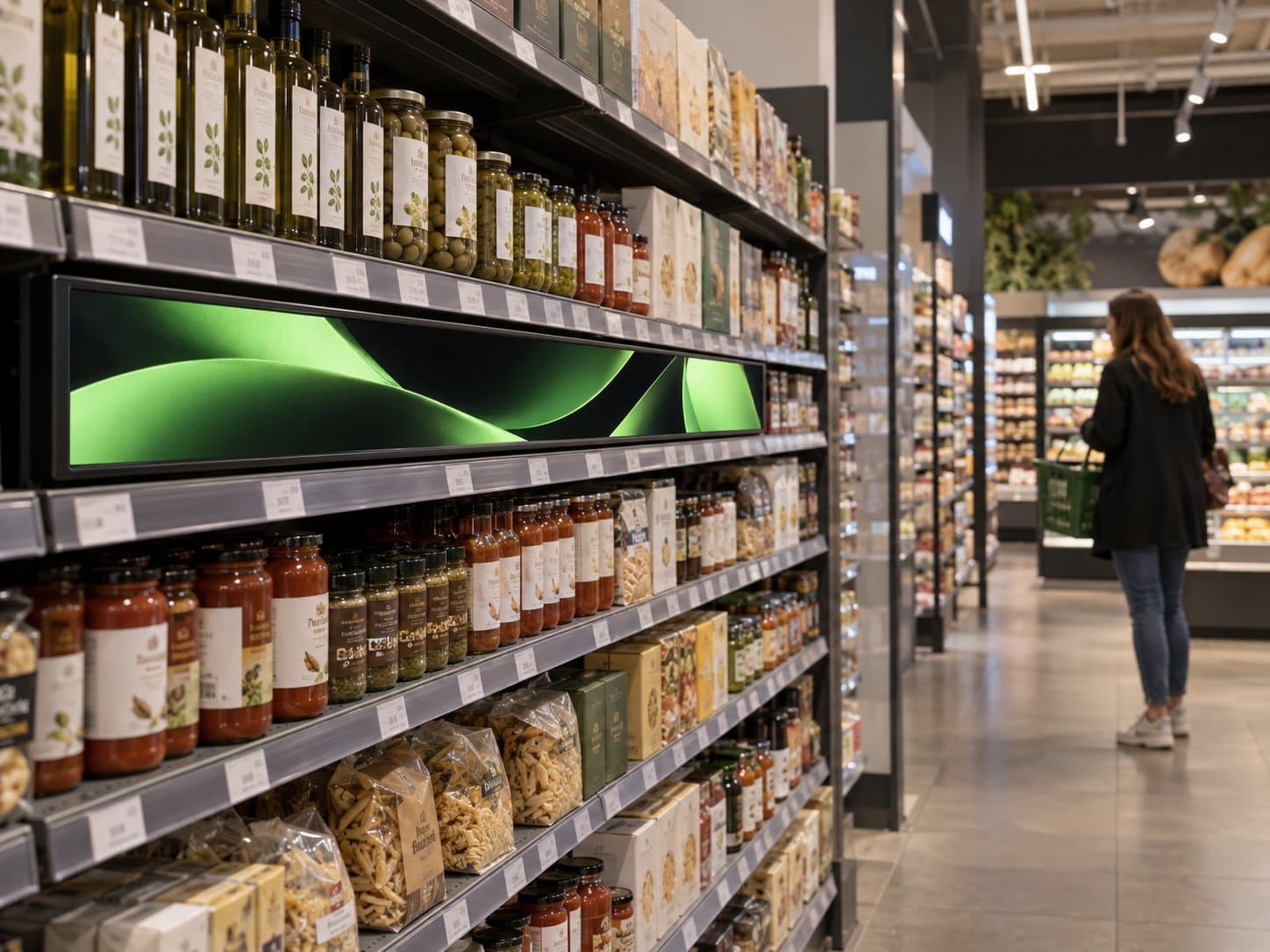 A slim, ultra-wide StreetLoop display running along a supermarket shelf