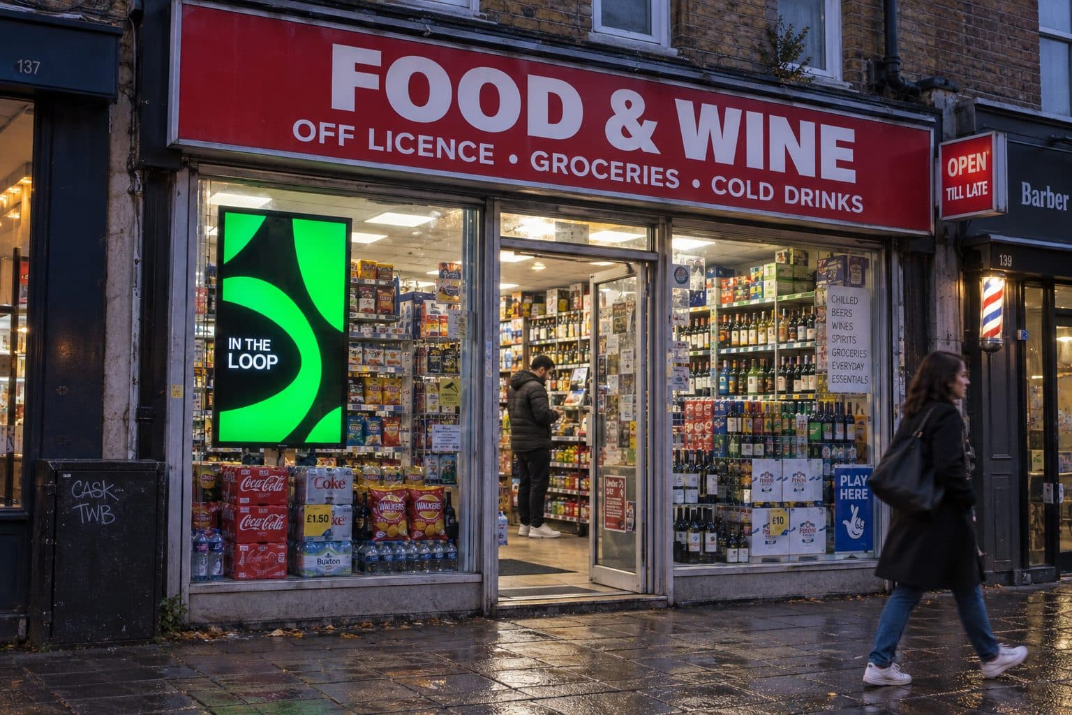 A food and wine shop on a London high street at dusk, with a portrait StreetLoop display in the window