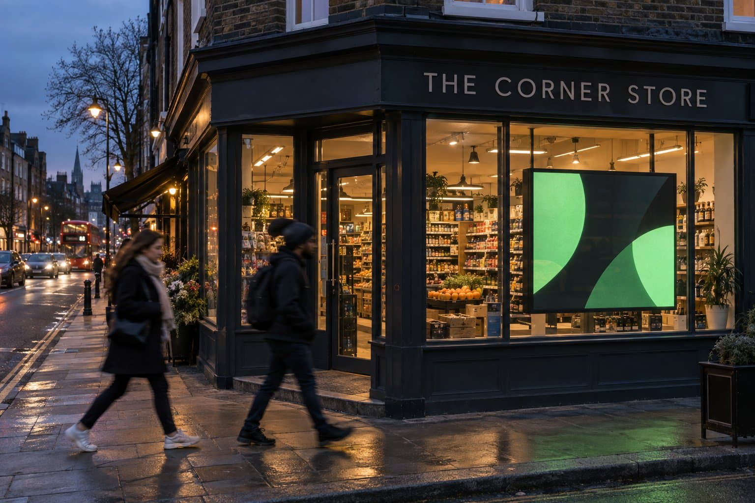 A StreetLoop display inside a corner shop window at dusk, with people walking past on a wet London pavement